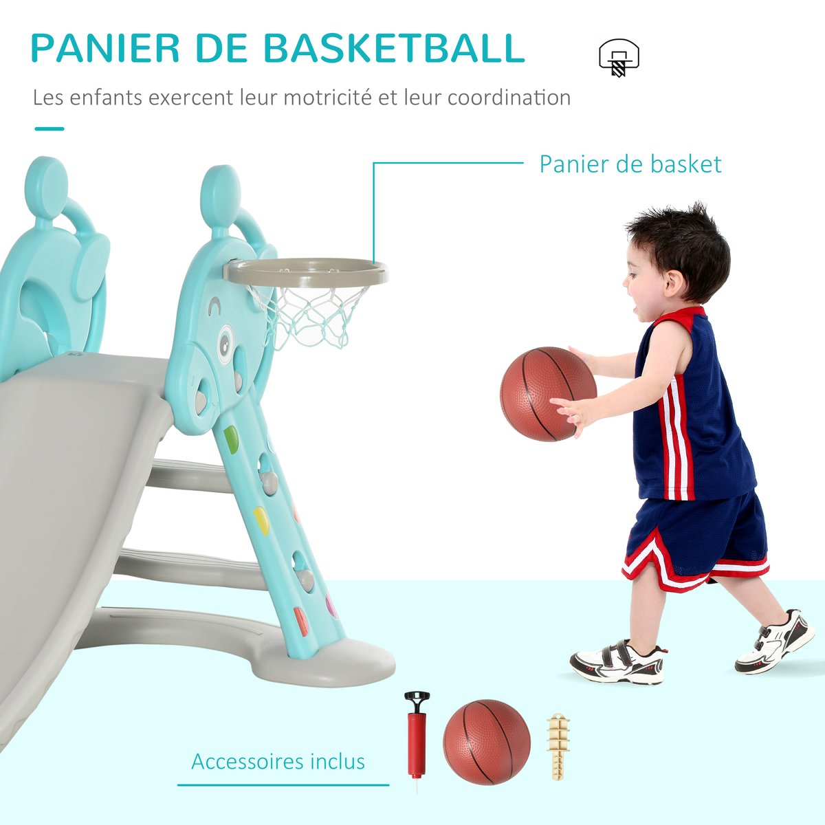 Toboggan enfant avec panier basket bleu, HOMCOM