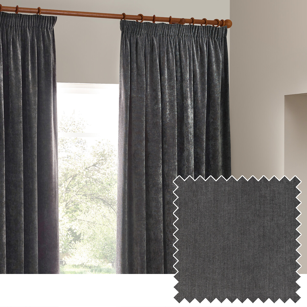 Heavy Chenille Velvet Room Darkening Pencil Pleat Curtains charcoal, YARD