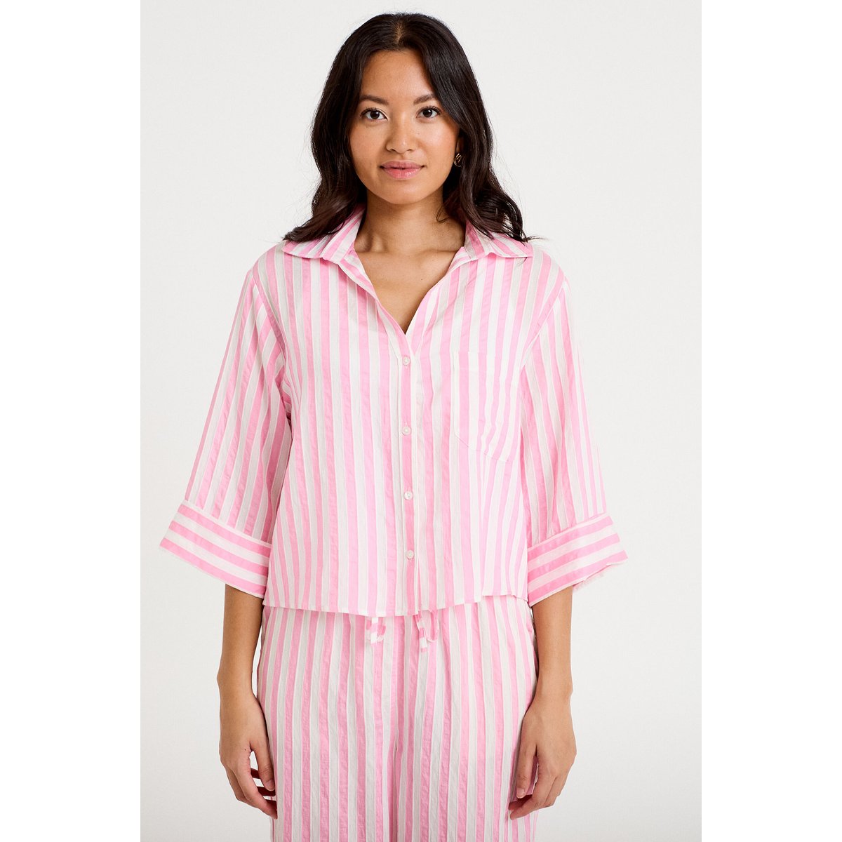 Blouse ample col tunisien manches 3/4 rose, CACHE CACHE
