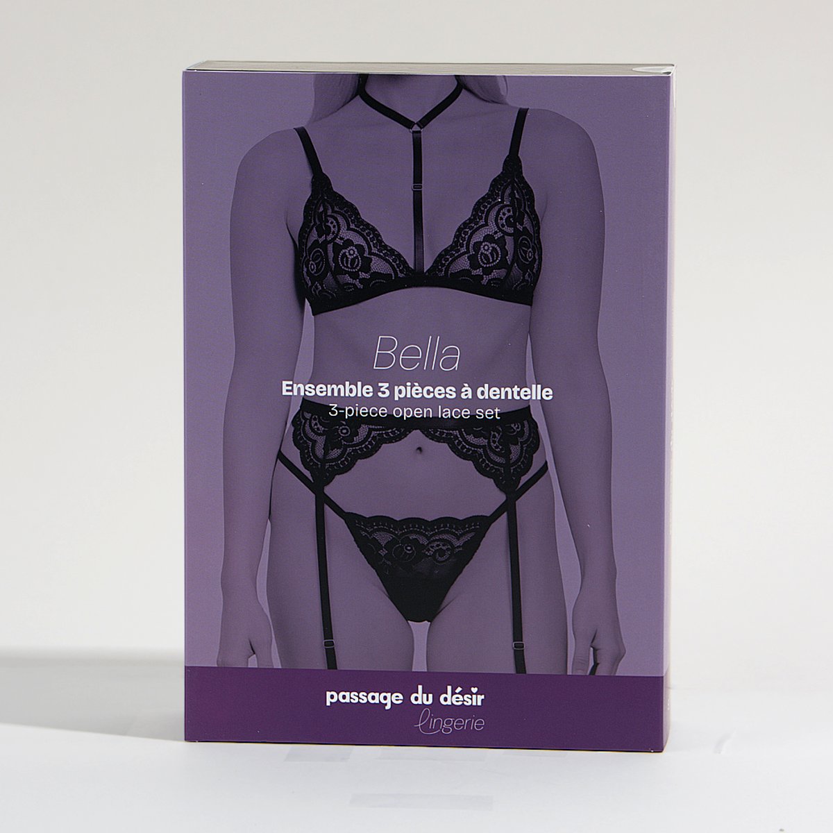 Ensemble 3 pièces à dentelle Bella noir, PASSAGE DU DESIR LINGERIE