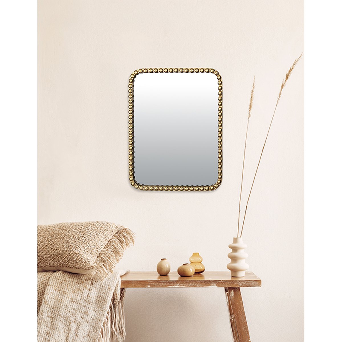 Miroir métal rectangulaire perles 35x45cm or, EMDE