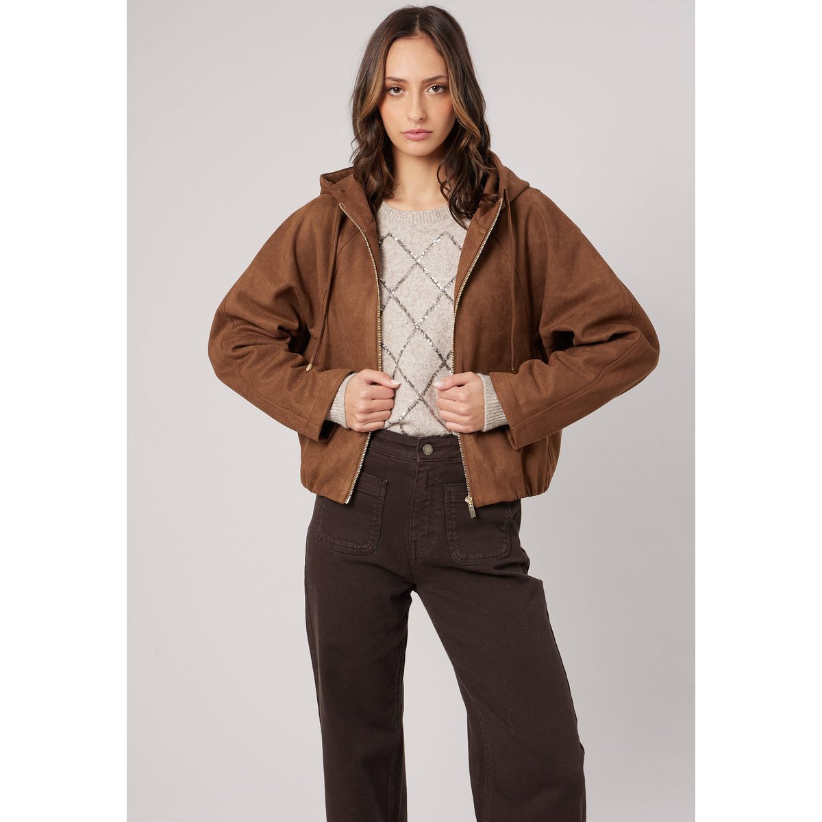 Blouson court bombers femme NAMACI light brown, DEELUXE