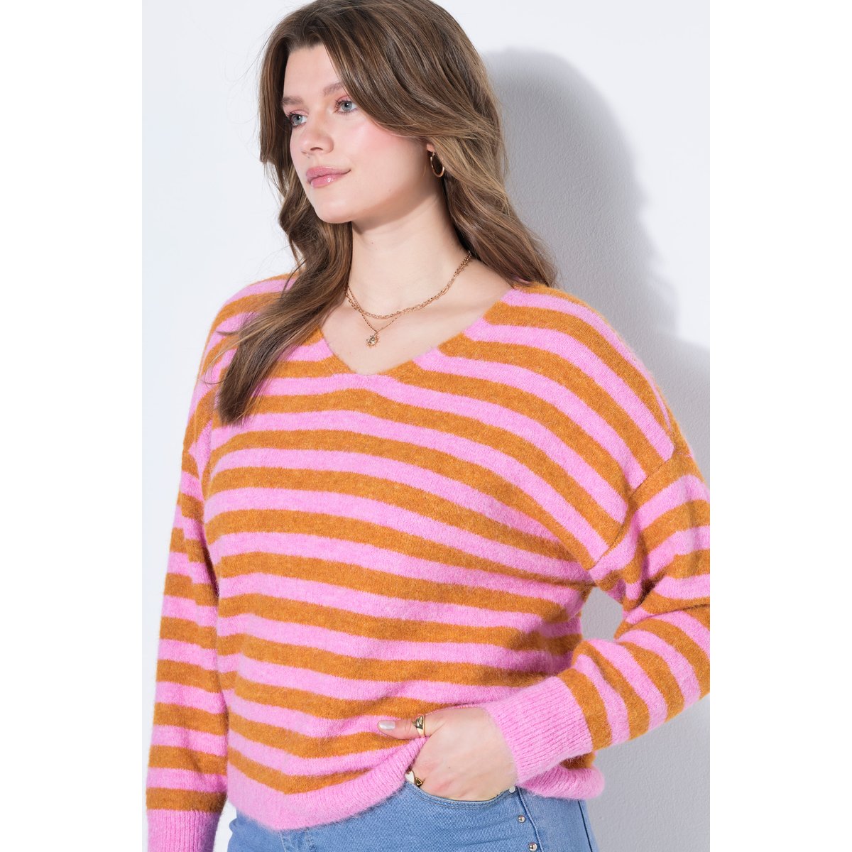 Pull boxy en maille rayée rose pâle, STUDIO UNTOLD