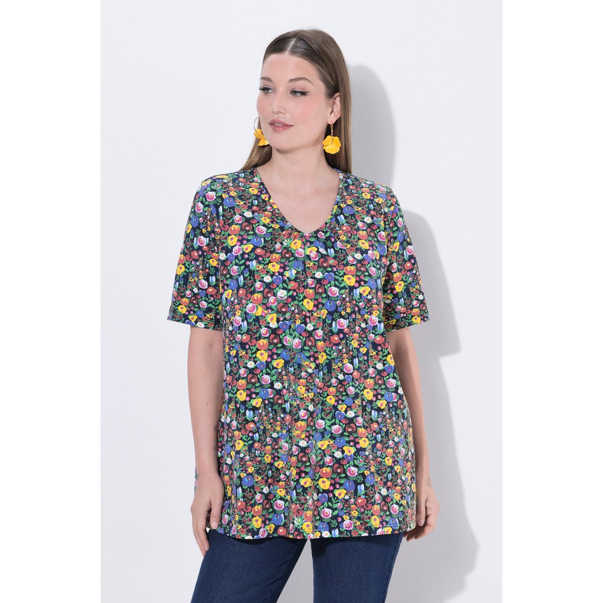 T-shirt motif floral, coupe évasée marine, ULLA POPKEN