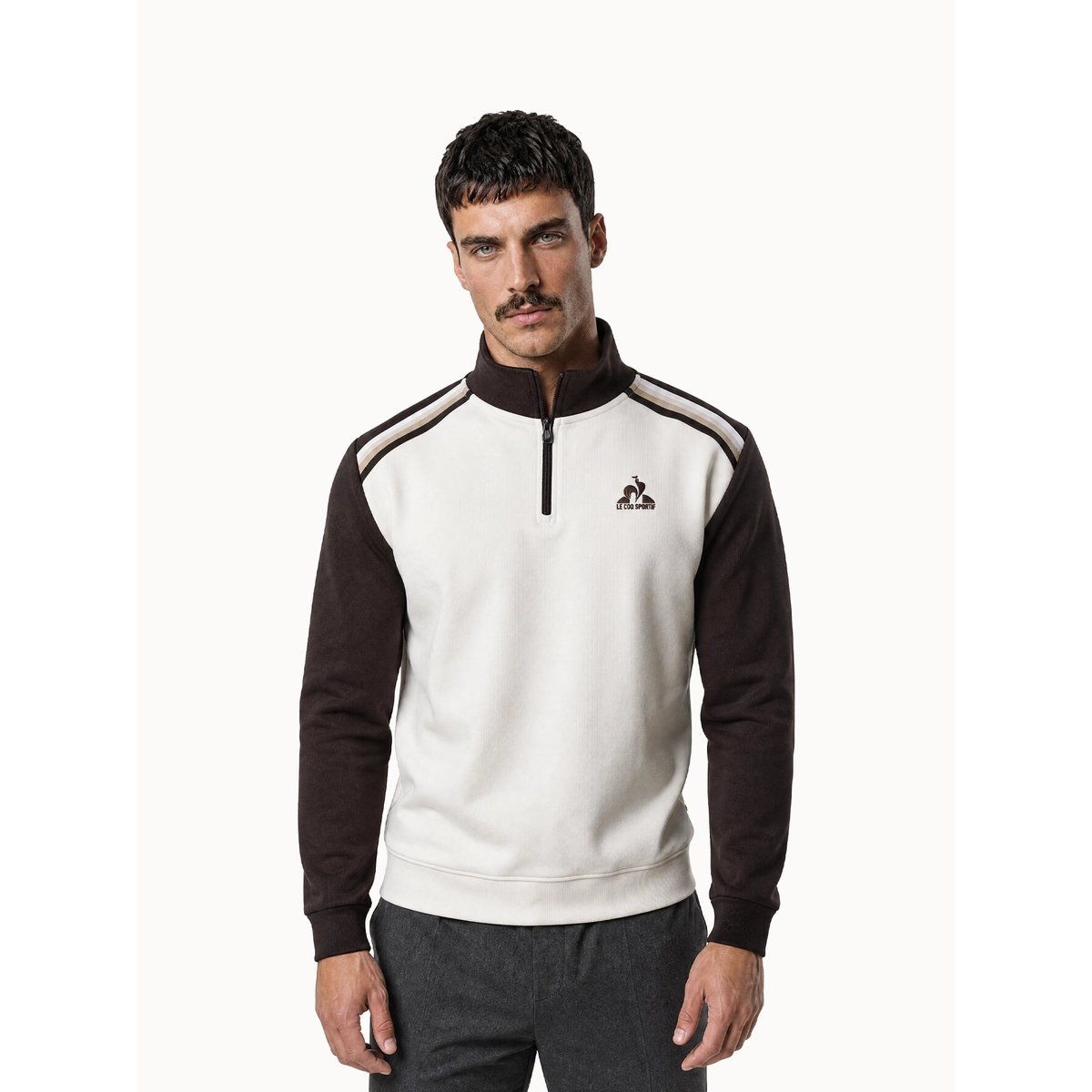 Sweat demi-zippé en double face avec bandes rayées épaules Heritage marron fonce, LE COQ SPORTIF