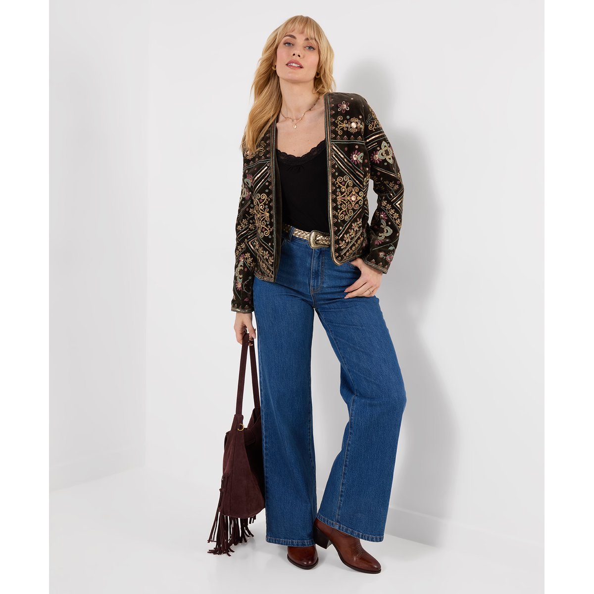 Veste Ouverte Brodée Boutique Bella gris, JOE BROWNS