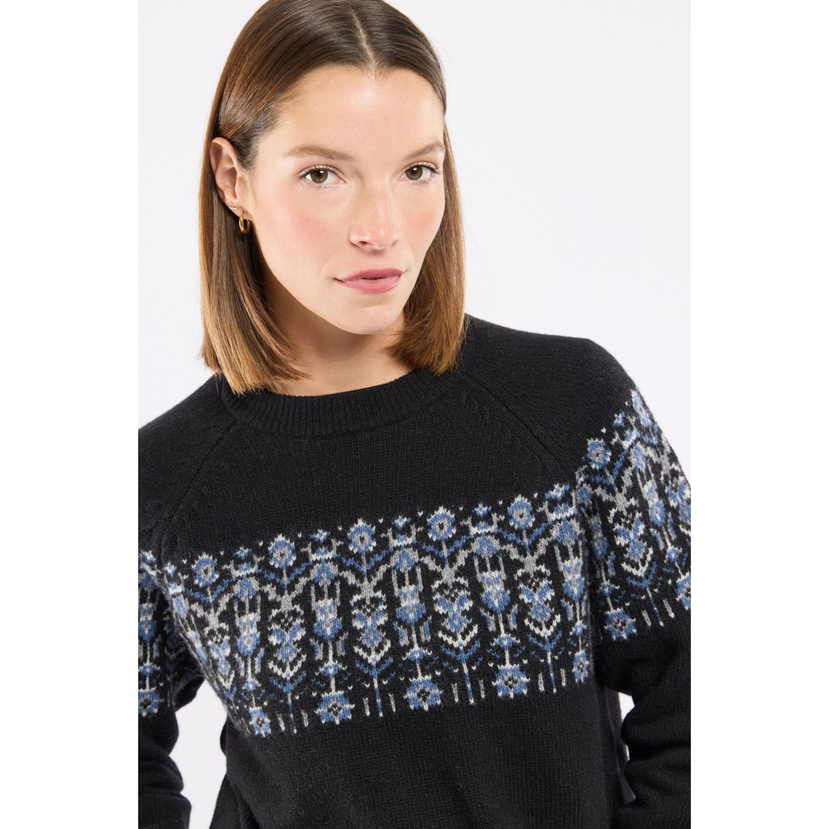 Pull jacquard Héritage - laine jacquard fleurs noir, ARMOR-LUX