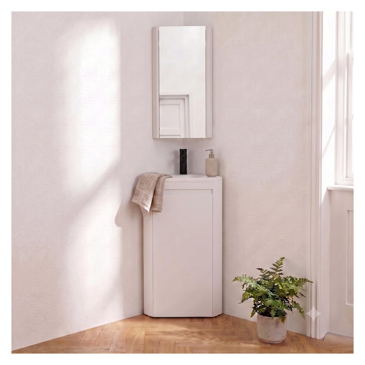 Ensemble lave-mains d'angle sur pieds avec robinet et armoire SORRENTO blanc satiné, MOB IN