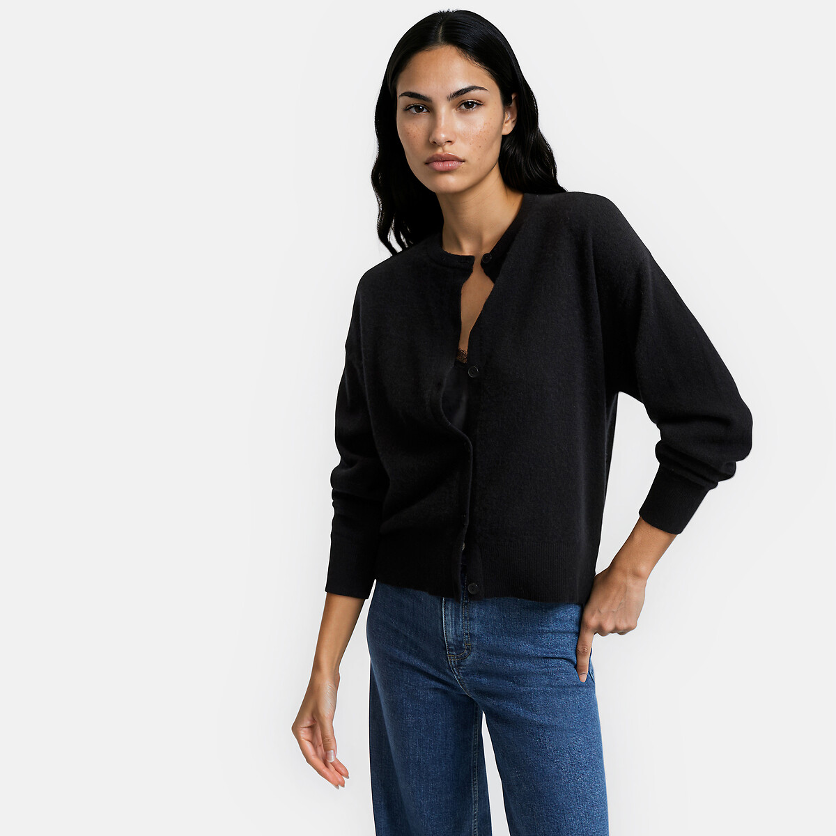 Cardigan en fine maille cachemire col rond noir, LA REDOUTE COLLECTIONS