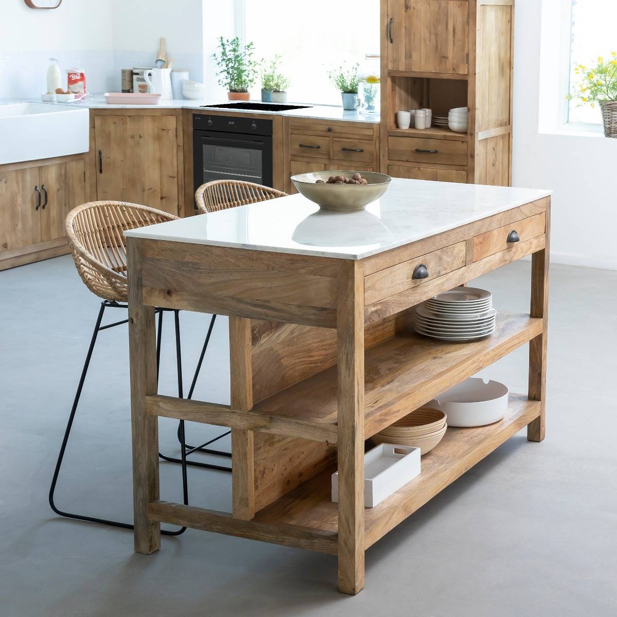 Îlot central en bois de manguier LOUISA blanc, MADE IN MEUBLES