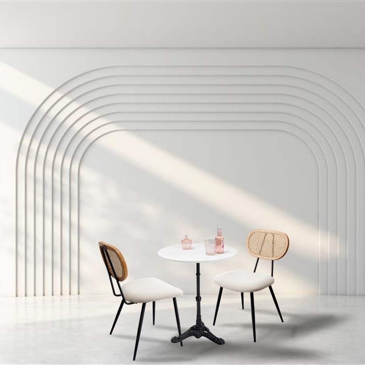 Ensemble table et 2 chaises en polyester bouclé, BISTROT blanc, KARE DESIGN