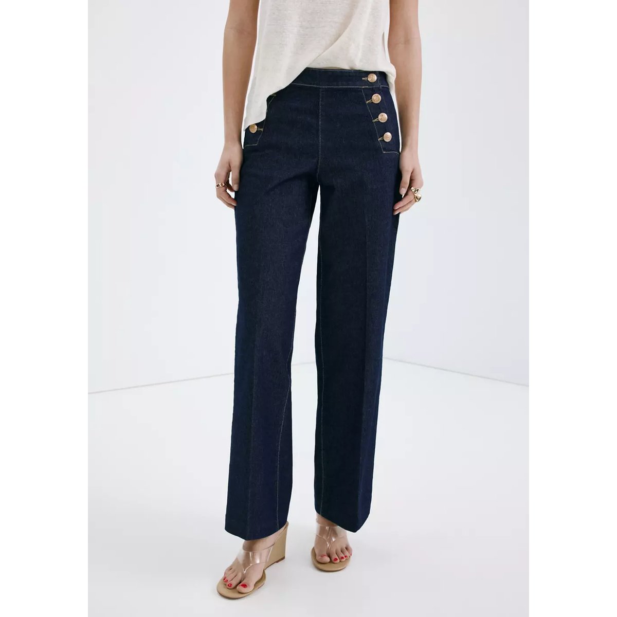 Jean wide leg boutons latérales bleu, MANGO