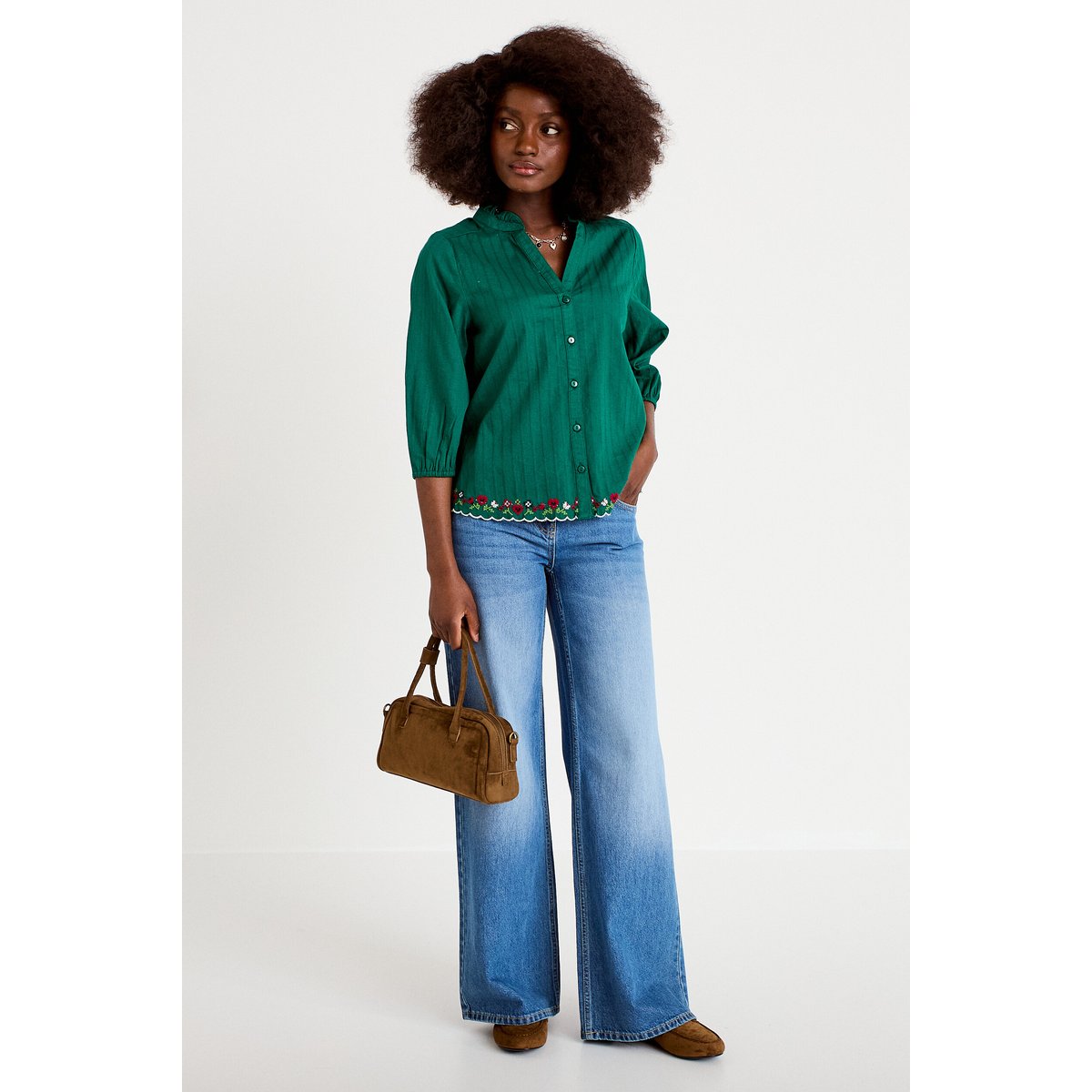Blouse broderie col v manches 3/4 vert foncé, CACHE CACHE
