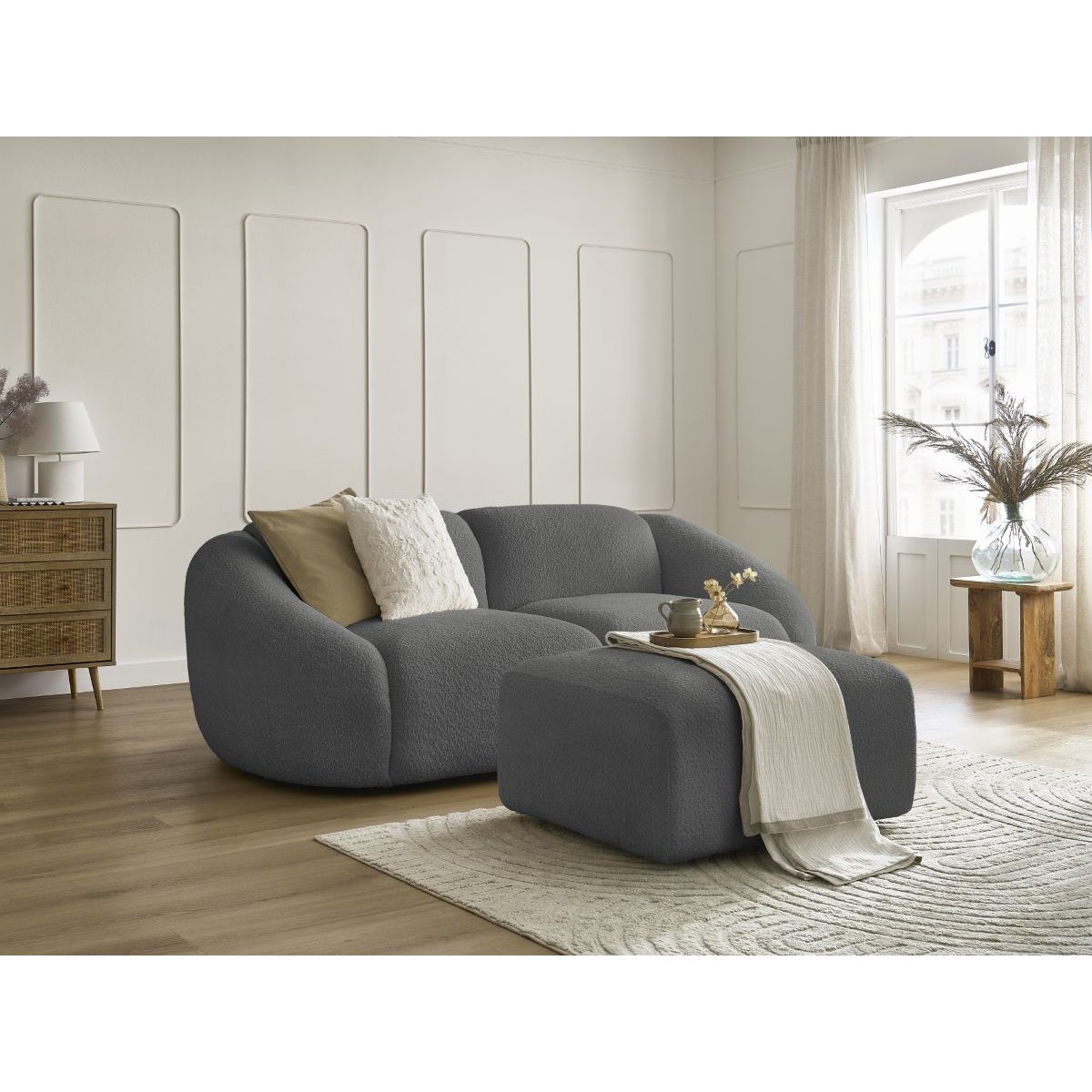 Canapé droit fixe 3 places en tissu bouclette avec pouf, TINA gris foncé, BOBOCHIC