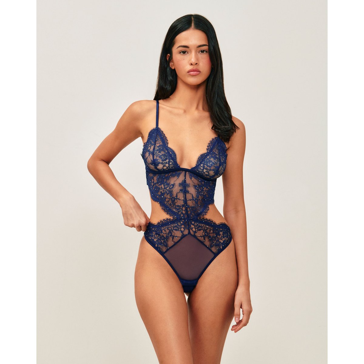 Body en dentelle à strass argentés SHINYLOVIZ marine, UNDIZ