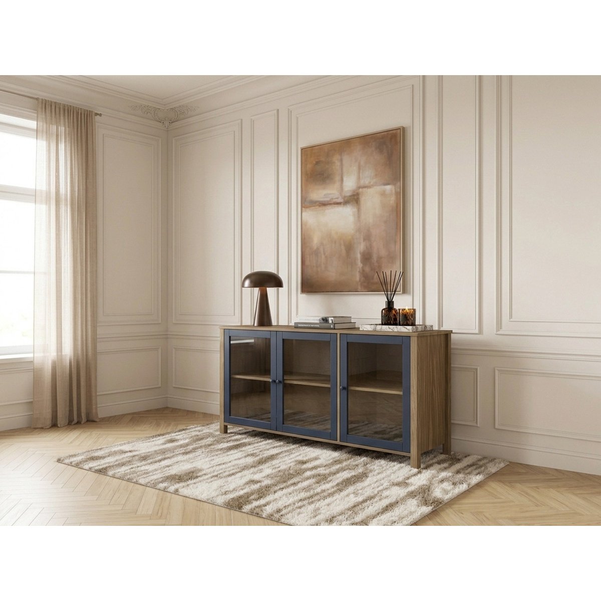 Buffet  en panneaux de particules 3 portes 142 cm, LEXIE bleu, BOBOCHIC