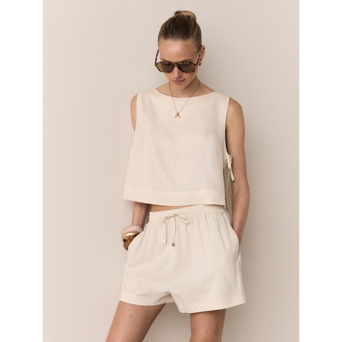 Short à enfiler en mélange de lin, lot 3 chocolat/neutre/blanc, NEXT