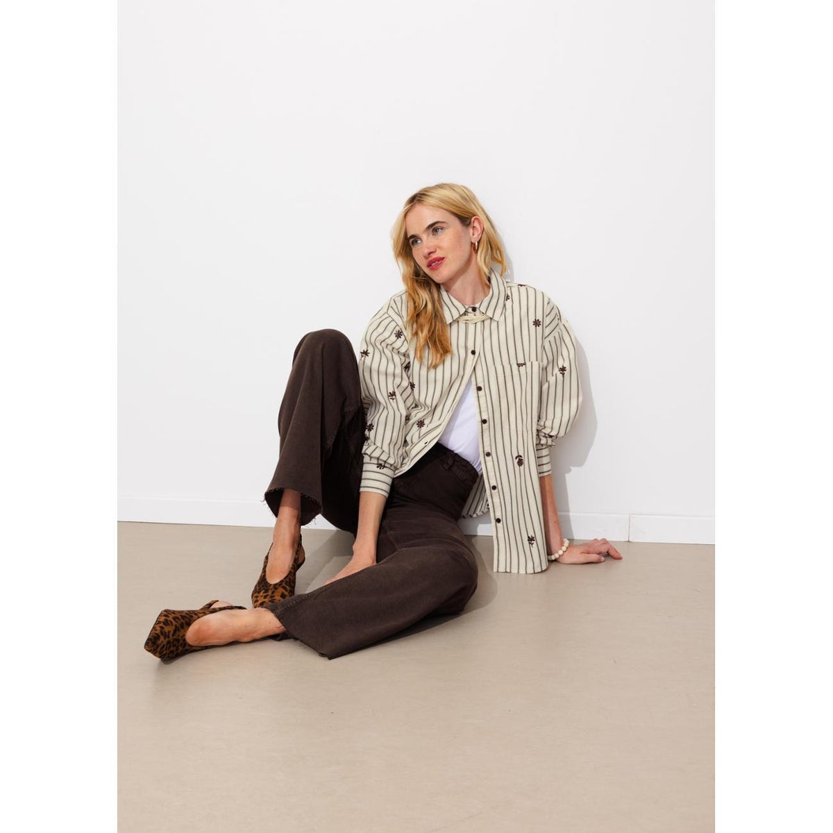 Chemise oversize rayée brodée rayé marron, PROMOD