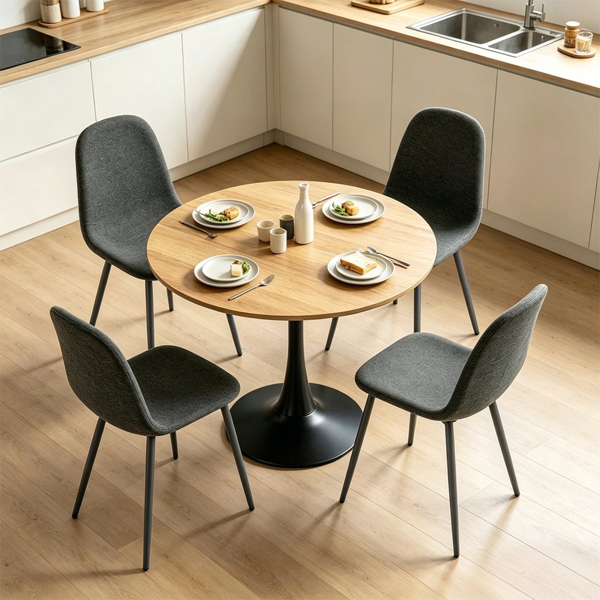 Ensemble de table à manger ronde avec 4 chaises, CLIFTOCHARLTON gris foncé, MEUBLES COSY