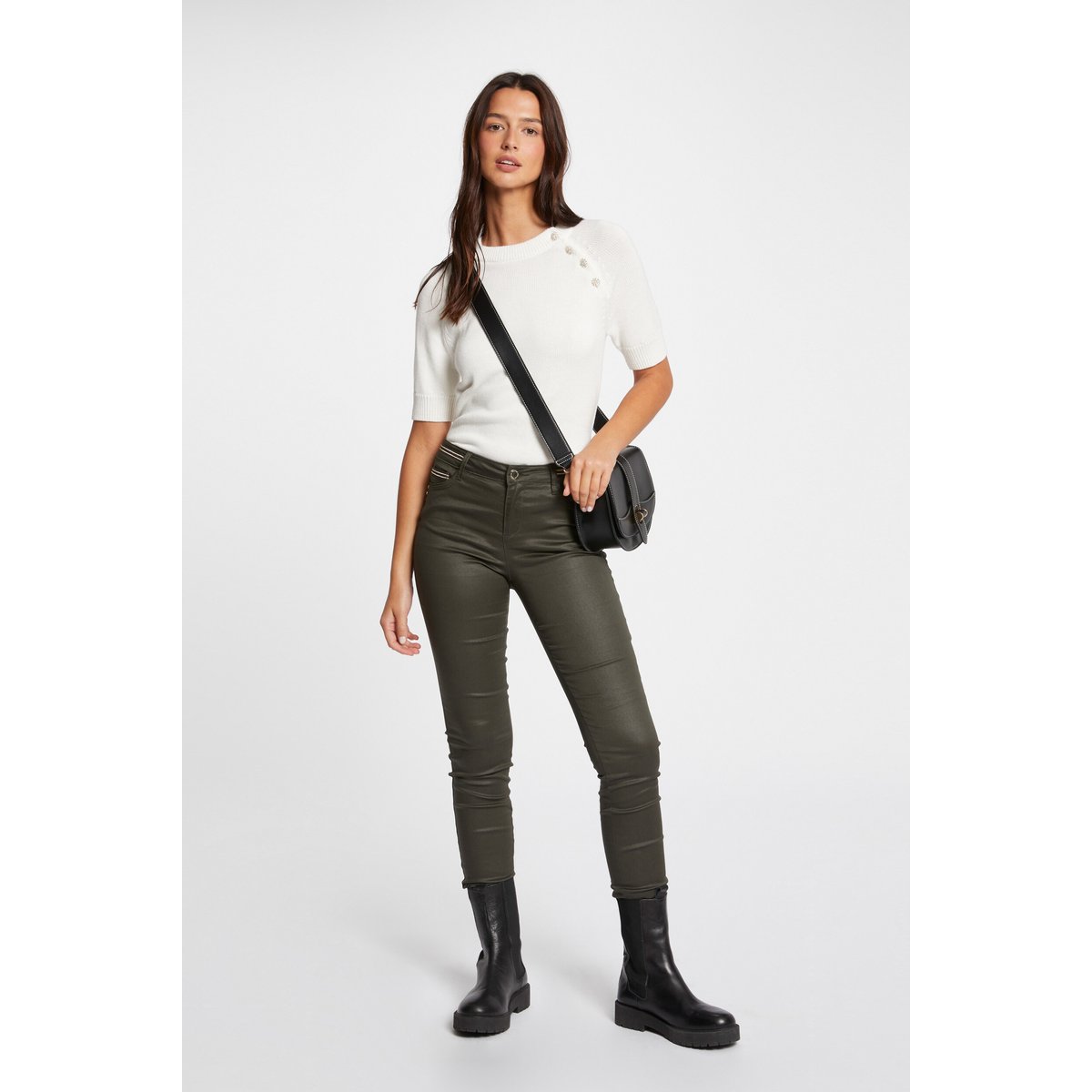 Pantalon slim enduit vert fonce, MORGAN