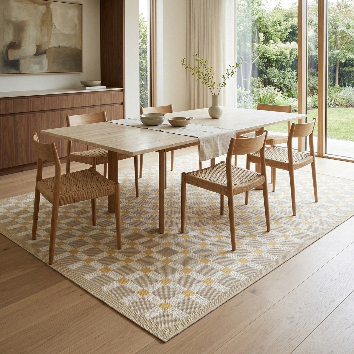 Tapis extérieur intérieur damier moderne  et  SUNSHINE DAMIER beige, jaune, THE DECO FACTORY