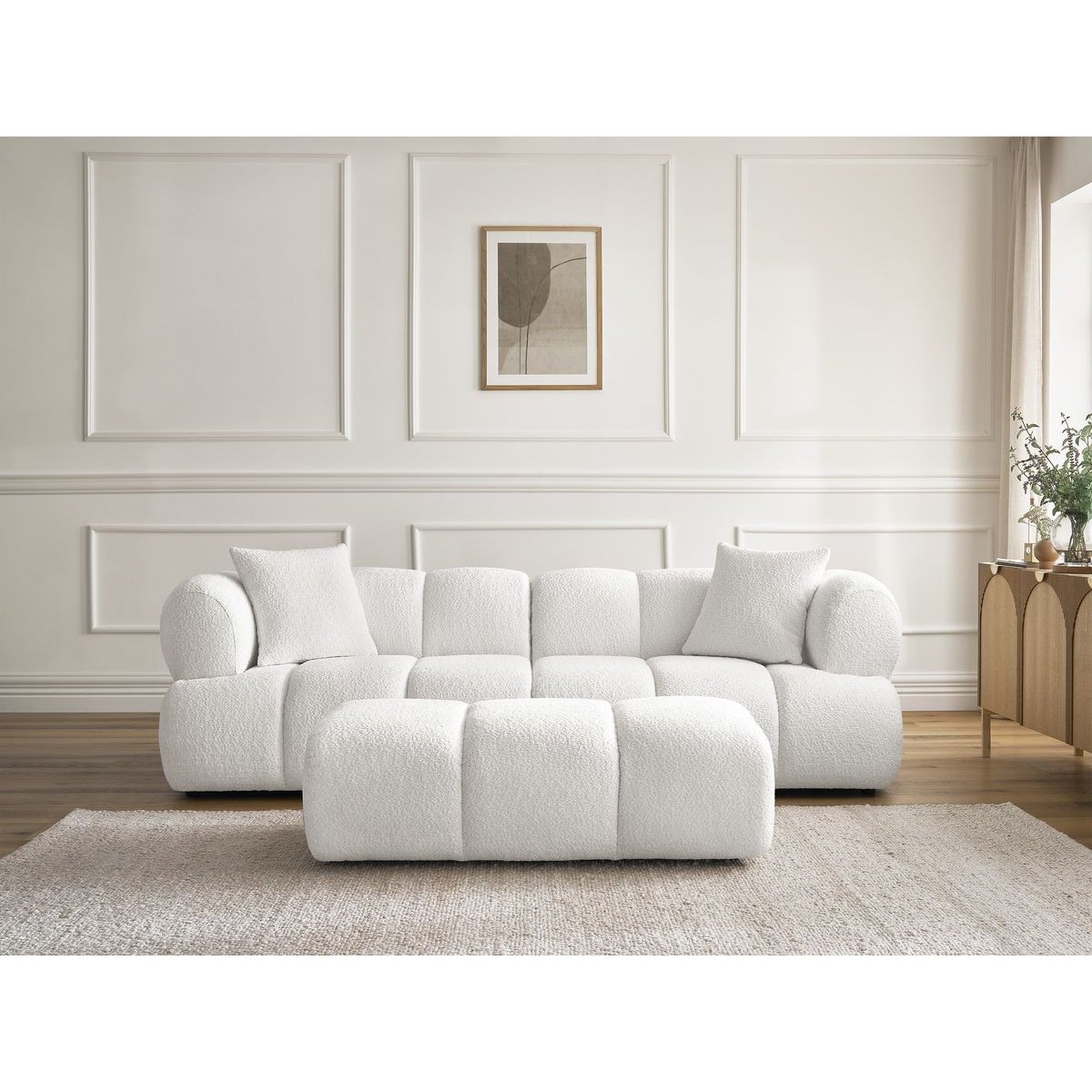 Canapé droit fixe 3 places en tissu bouclette avec pouf, PAMIRA blanc, BOBOCHIC