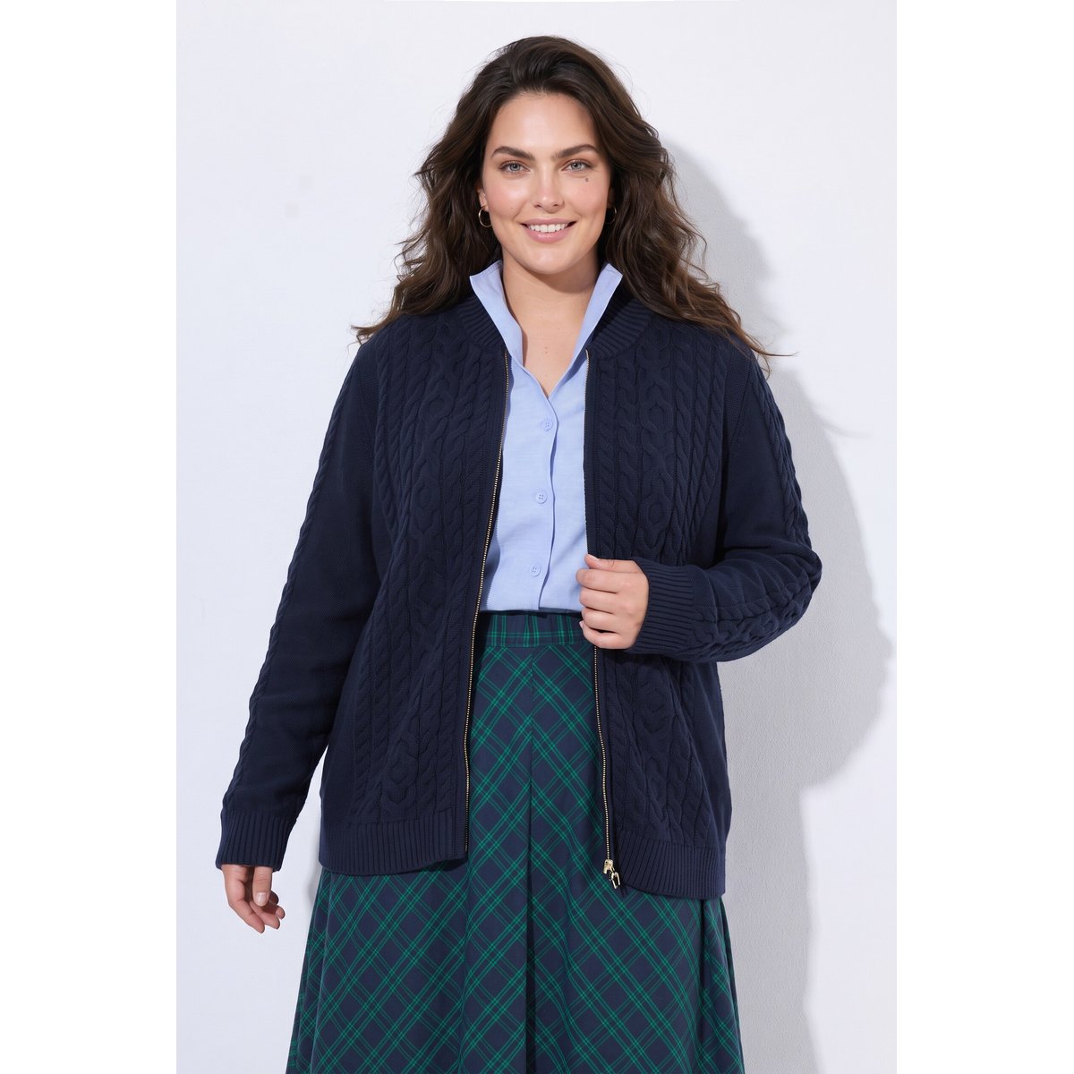 Cardigan motif torsadé, col montant marine, ULLA POPKEN