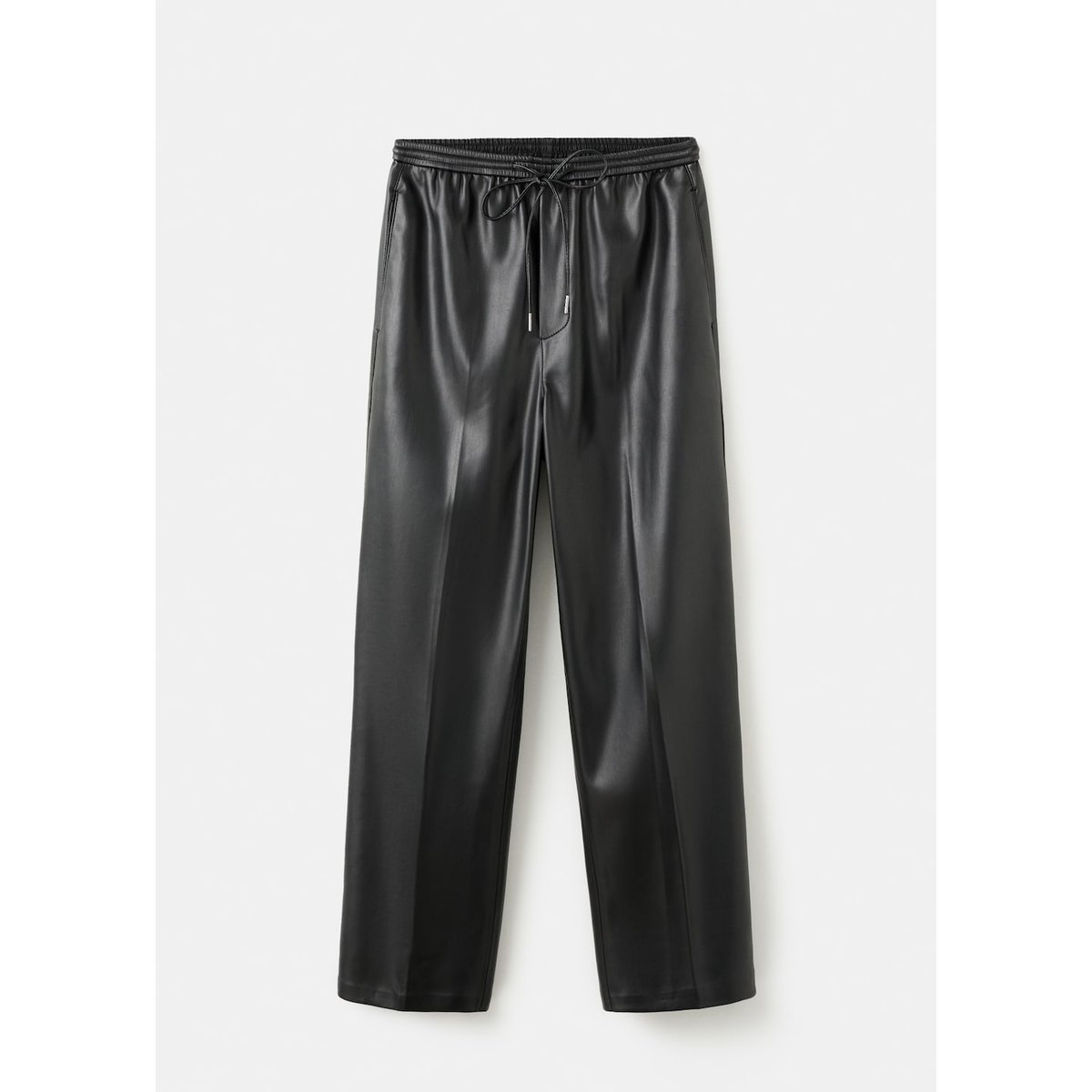 Pantalon taille élastique cuir synthétique noir, MANGO