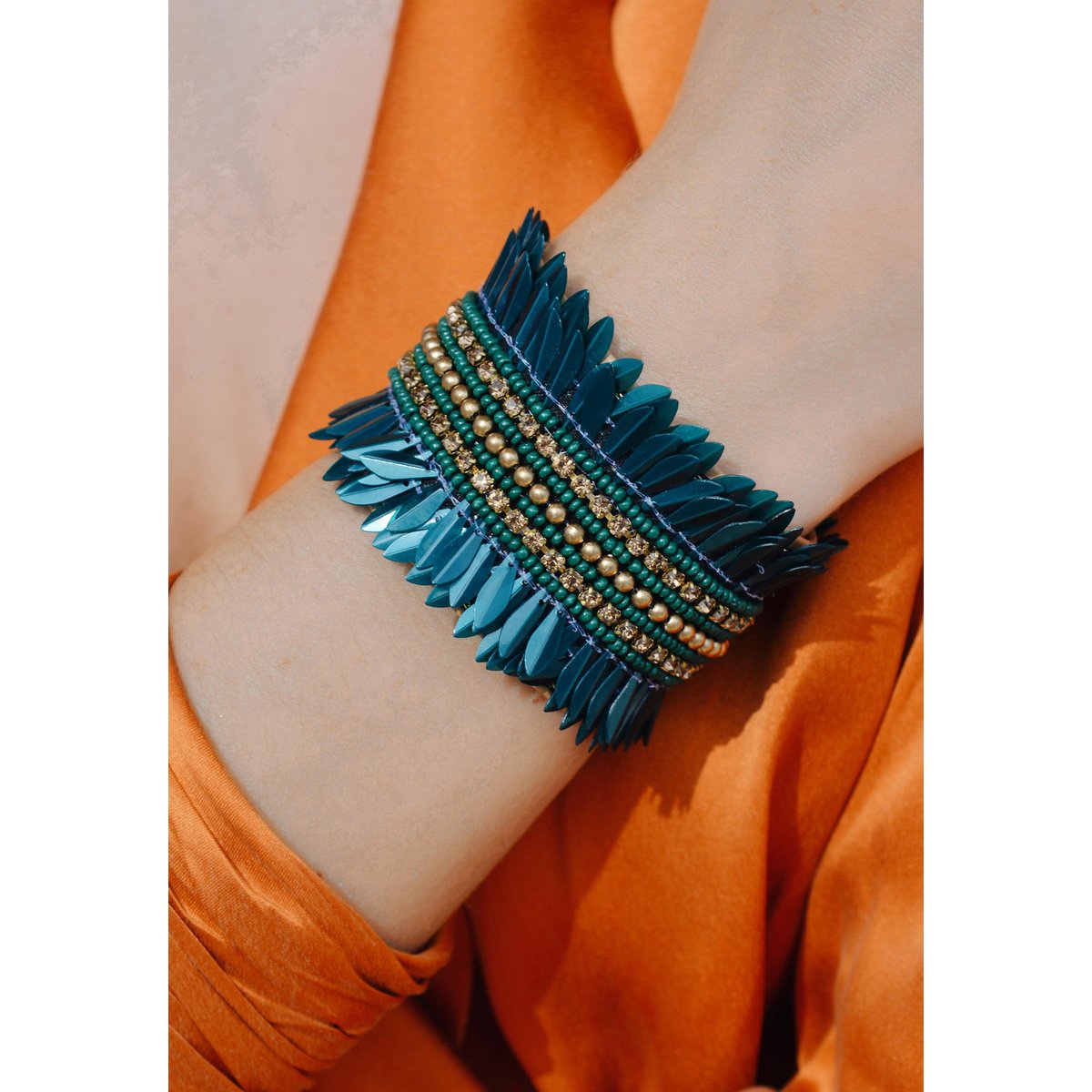 Bracelet manchette réglable de perles BENSON emeraude, HIPANEMA