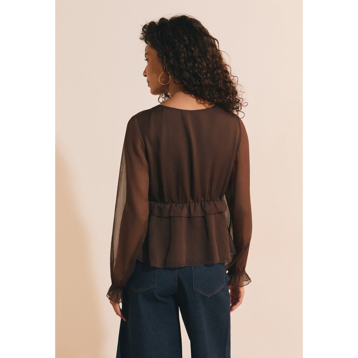 Blouse à volants avec manches transparentes BIANCA chocolat, ETAM