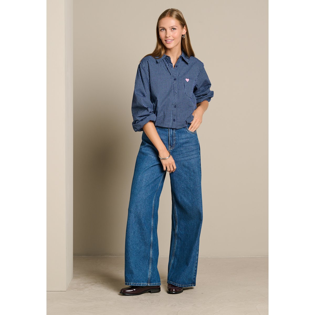 Chemise ballon à carreaux cur brodé bleu marine, LOLALIZA