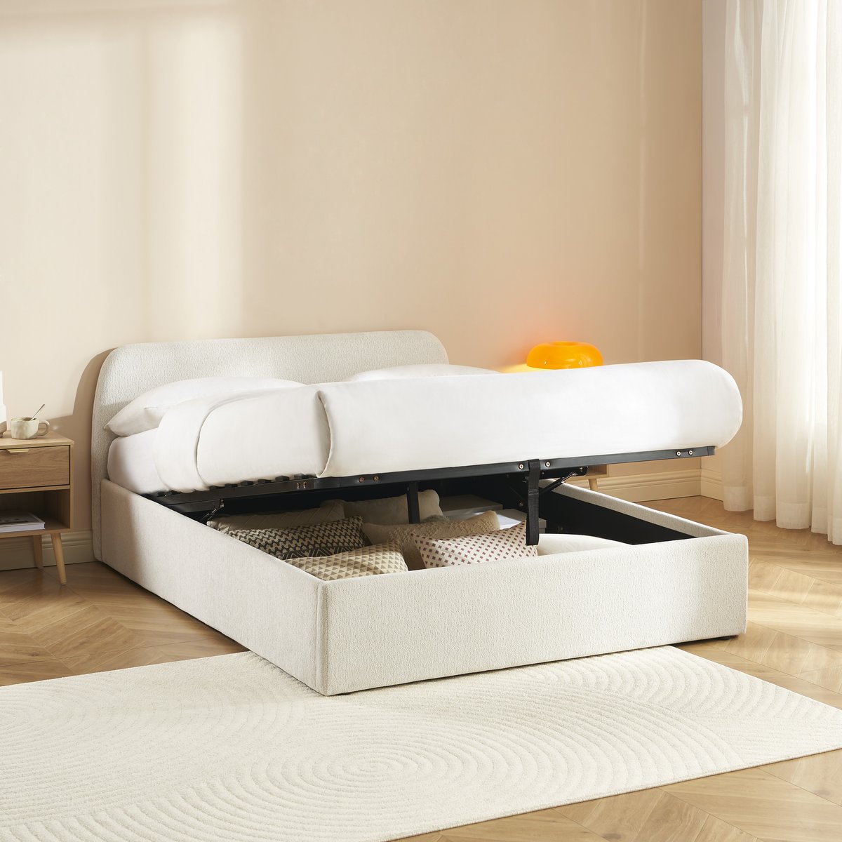 Lit coffre tissu chenille avec sommier GELA ecru, BAÏTA