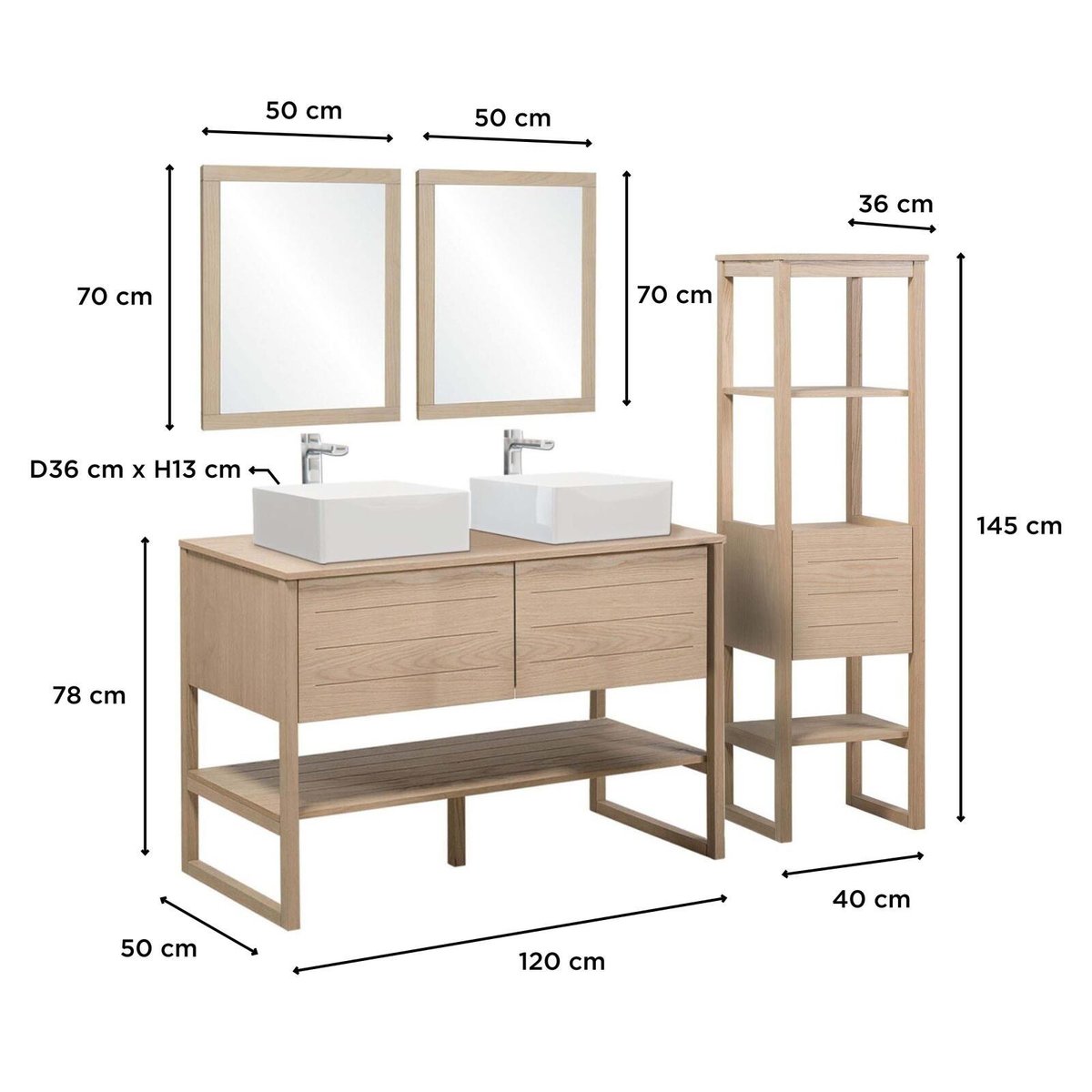 Meuble double 120cm chêne vasques carrées miroirs colonne ATOLL v002233, MOB IN