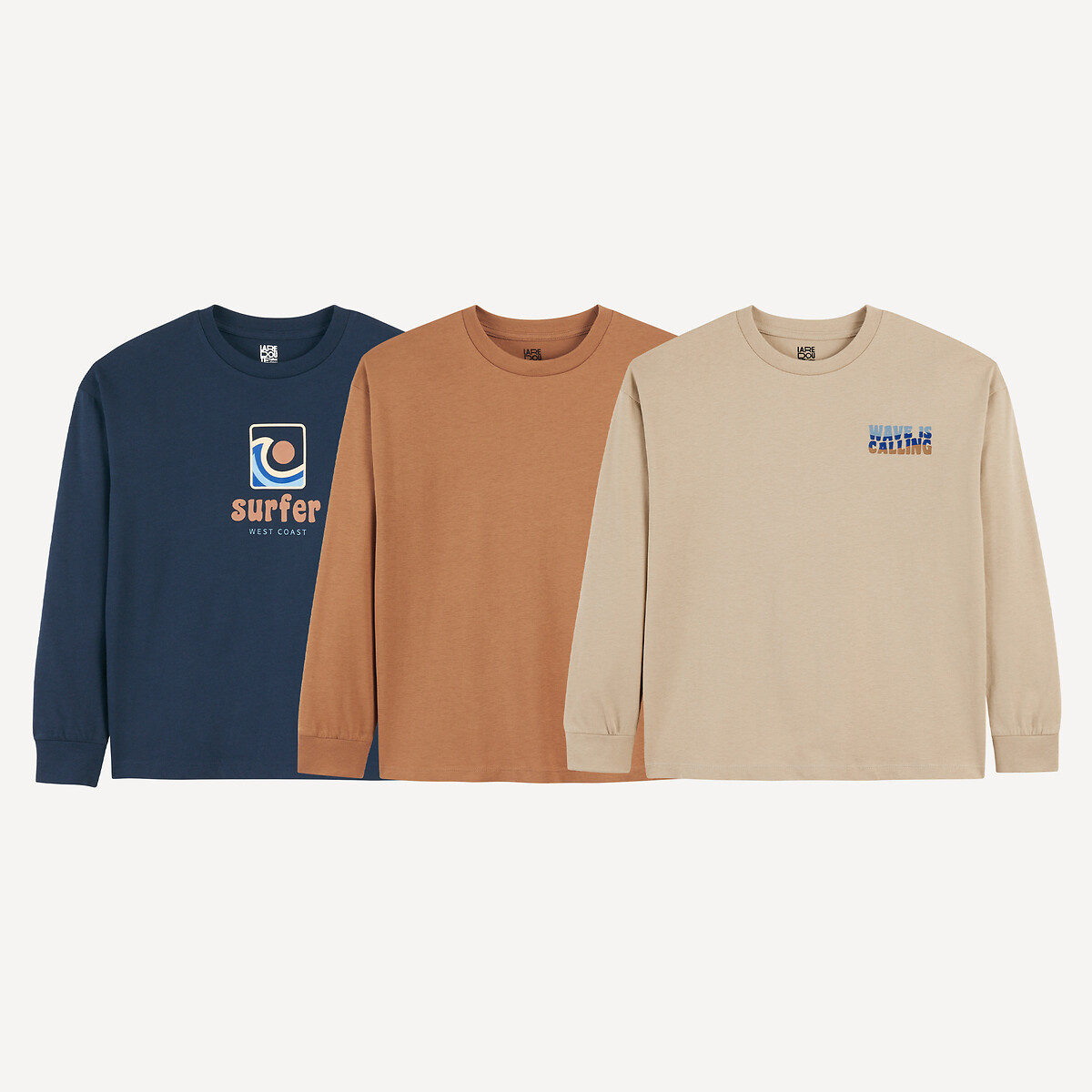 Pack of 3 T-Shirts with Long Sleeves navy blue+camel+beige, LA REDOUTE COLLECTIONS