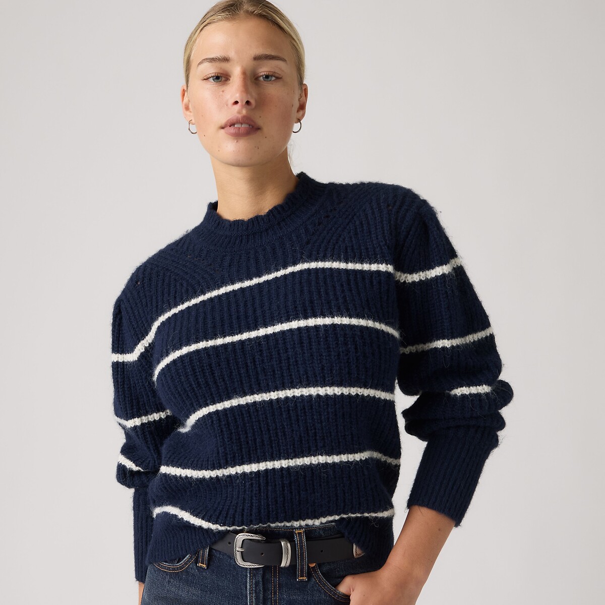Pull rayé col rond manches longues marine/écru, LEVI'S