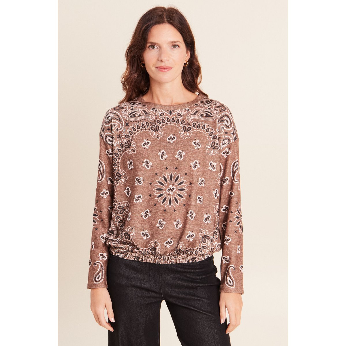 Pull col rond manches longues strass marron, BREAL