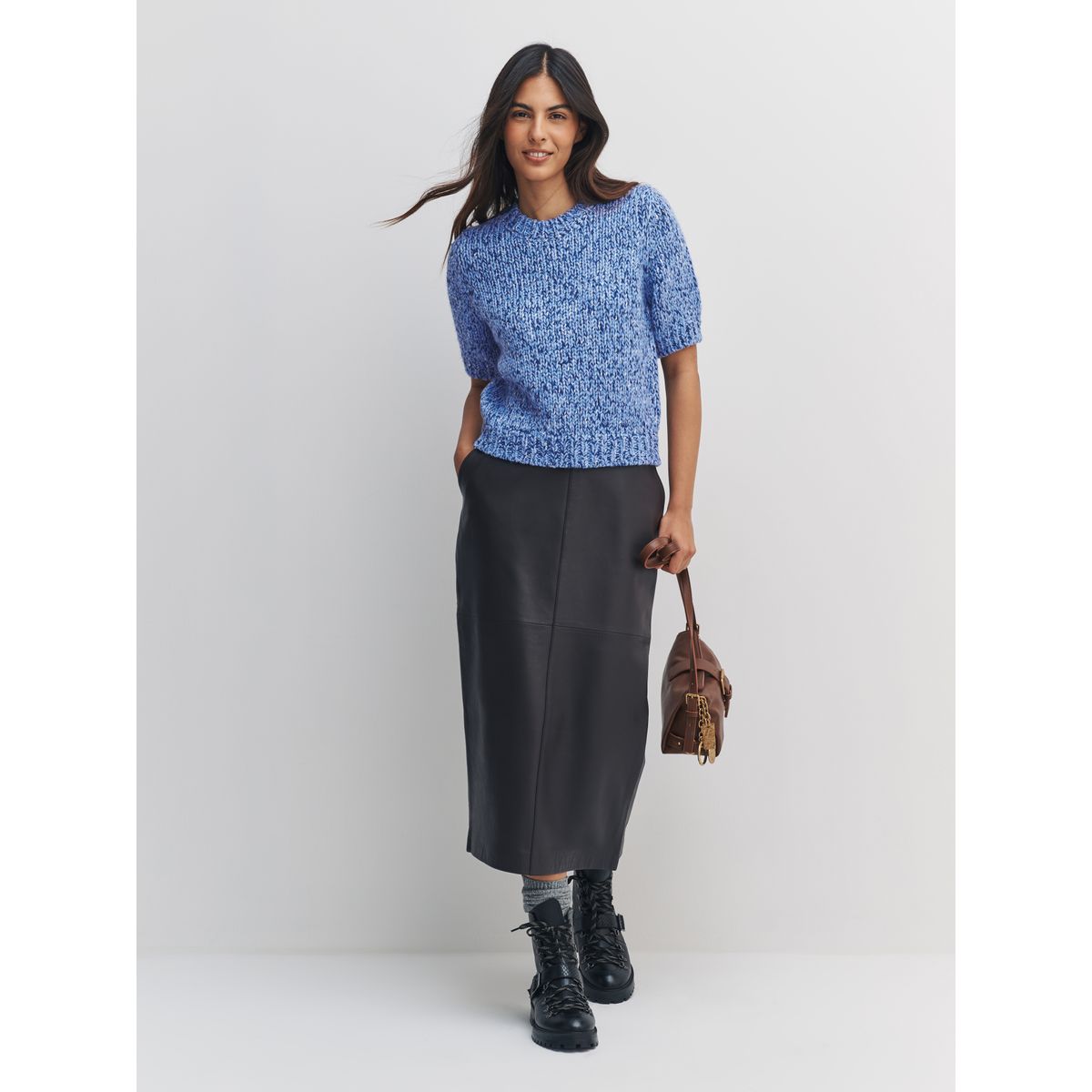 T-shirt torsadé à manches mi-longues en laine bleu multi, NEXT