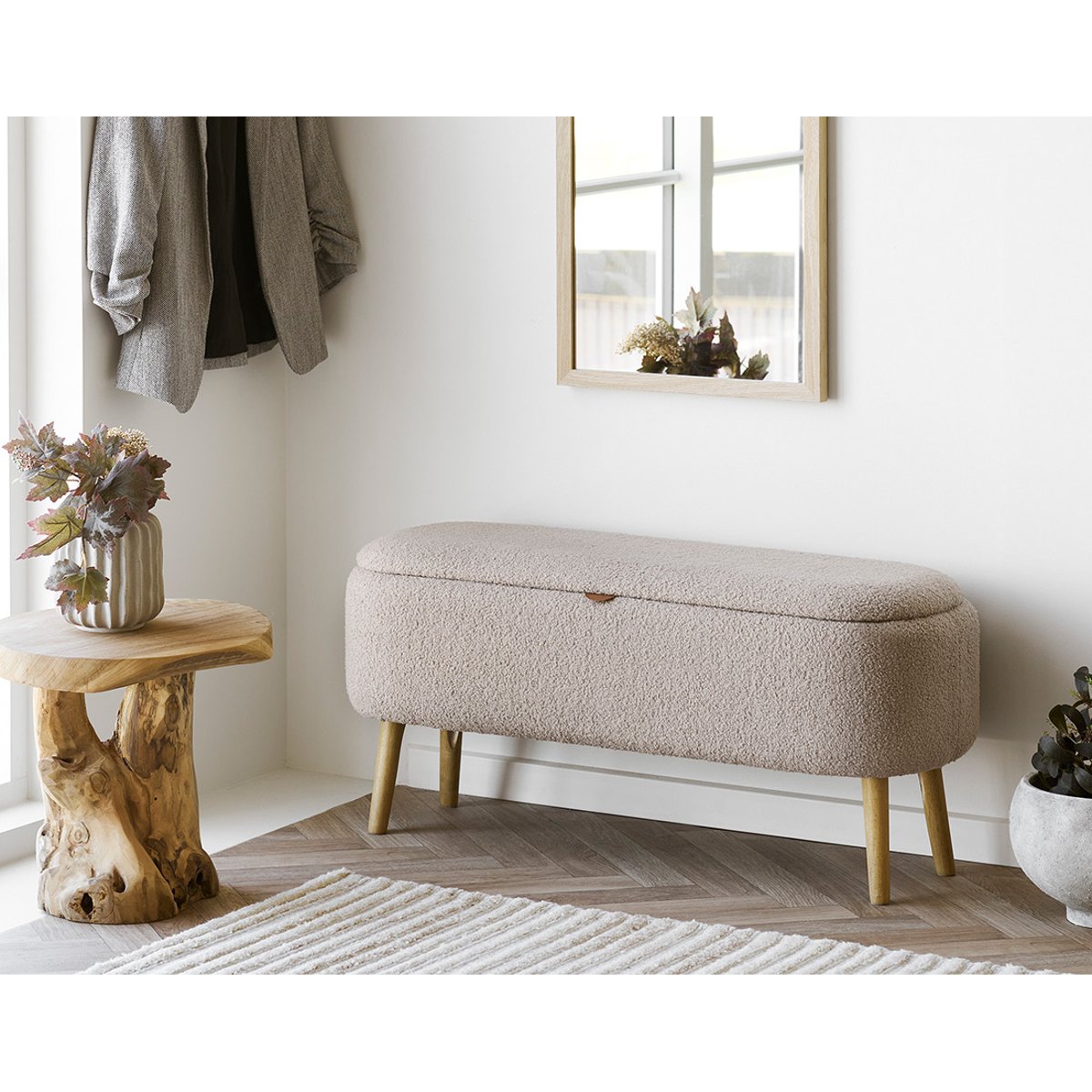 Pouf avec rangements en tissu bouclette, KAREN beige, BEST MOBILIER