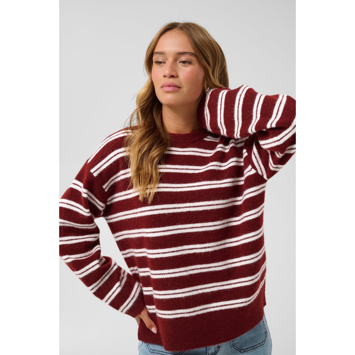 Pullover tricoté rouge zinfandel/white stripe, KAFFE