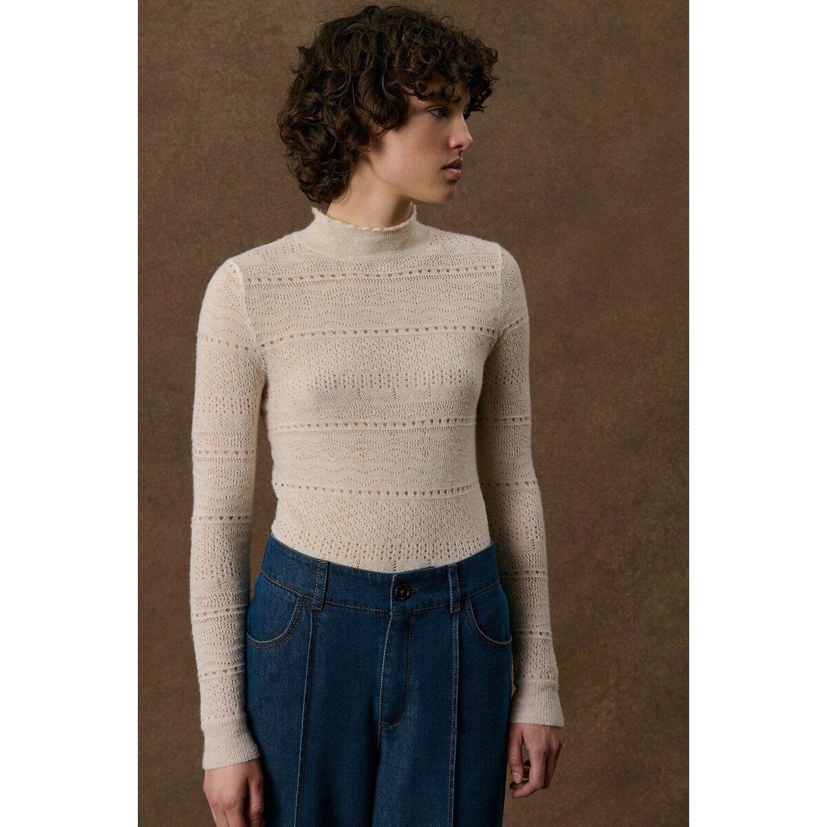 Pull col montant en maille ajourée, KARESTA crème, LOUISE MISHA
