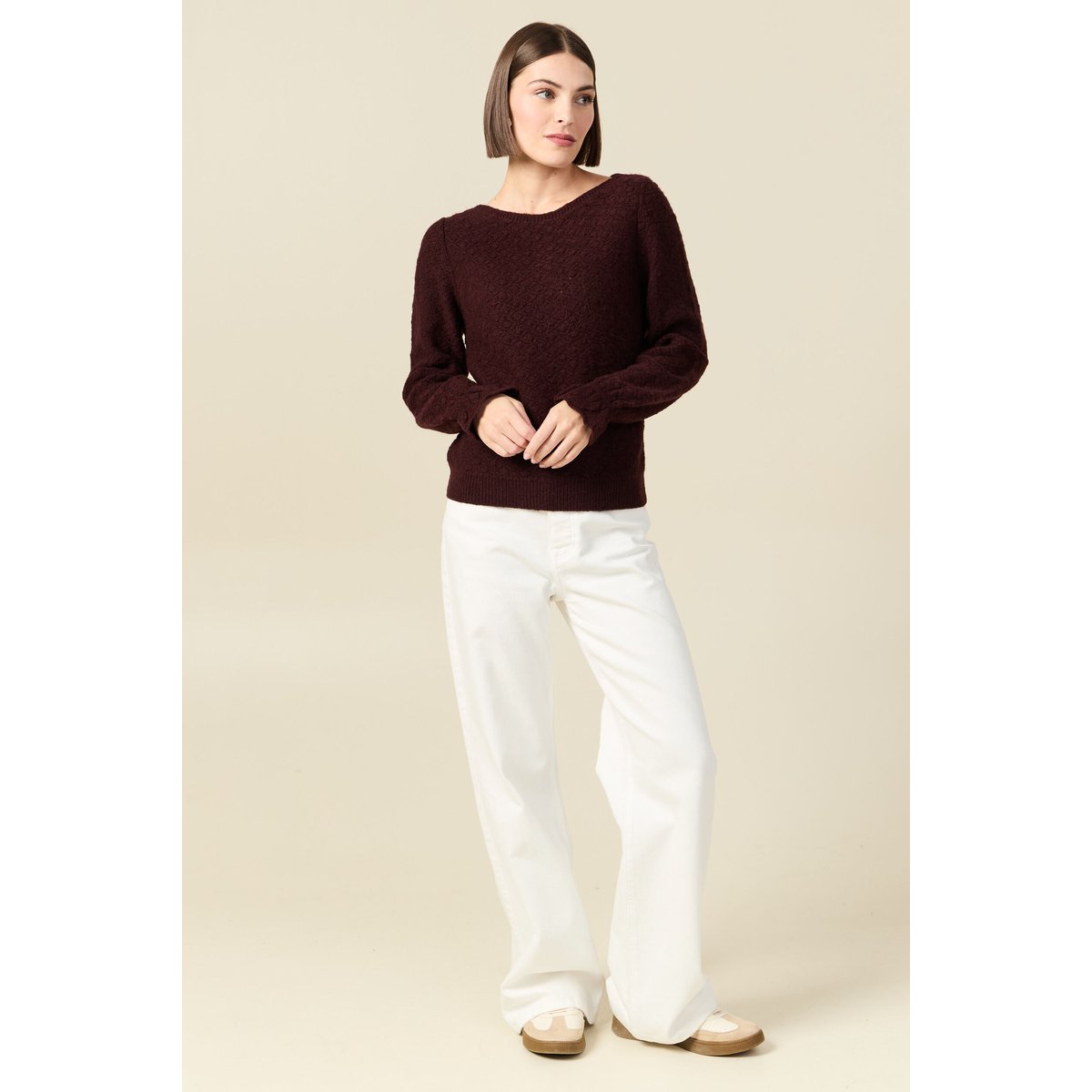 Pull ajouré col bateau manches longues prune, BONOBO