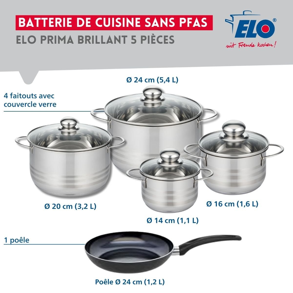 Batterie 1 poêle 24cm + 4 faitouts 14/16/20/24cm PRIMA BRILLANT noir, ELO