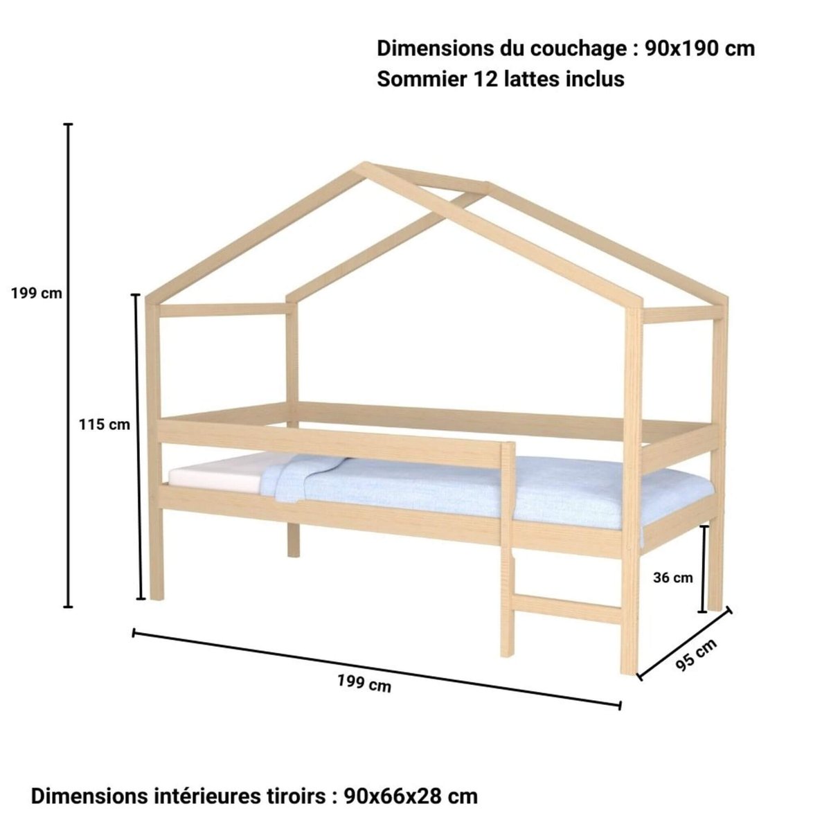 Lit cabane bois naturel, TERRE DE NUIT