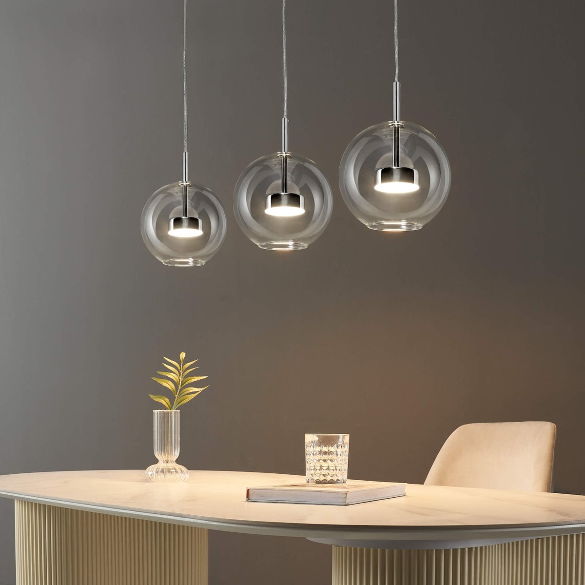 Suspension chromée à trois verres - GICA transparent et chromé, KOSILUM