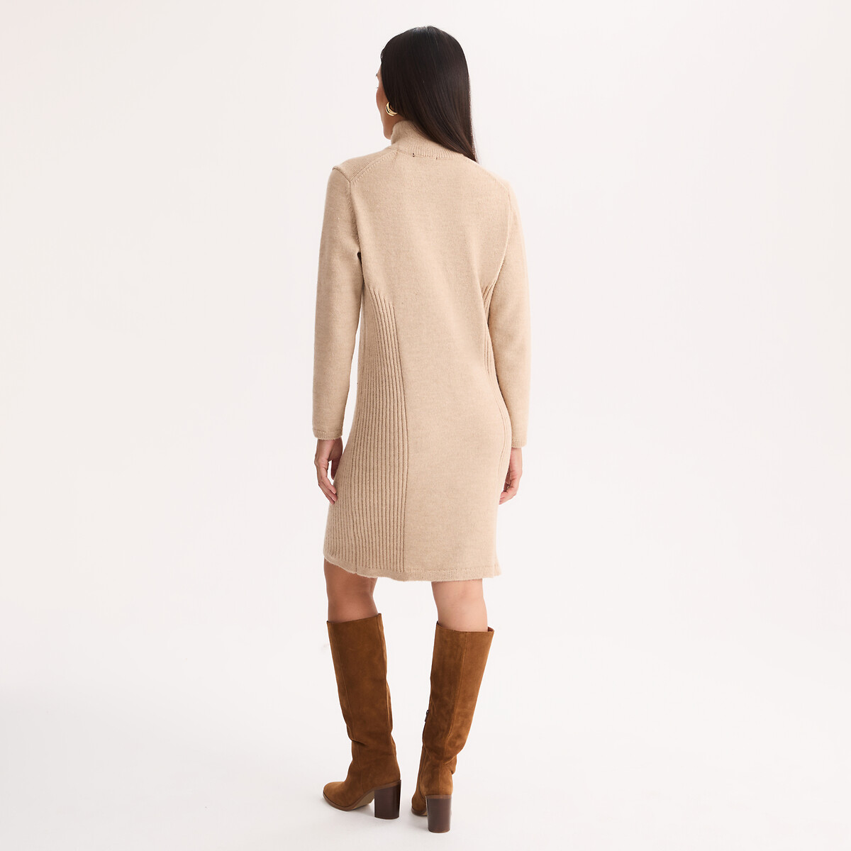 Robe pull à col montant, longueur genou beige chiné, ANNE WEYBURN