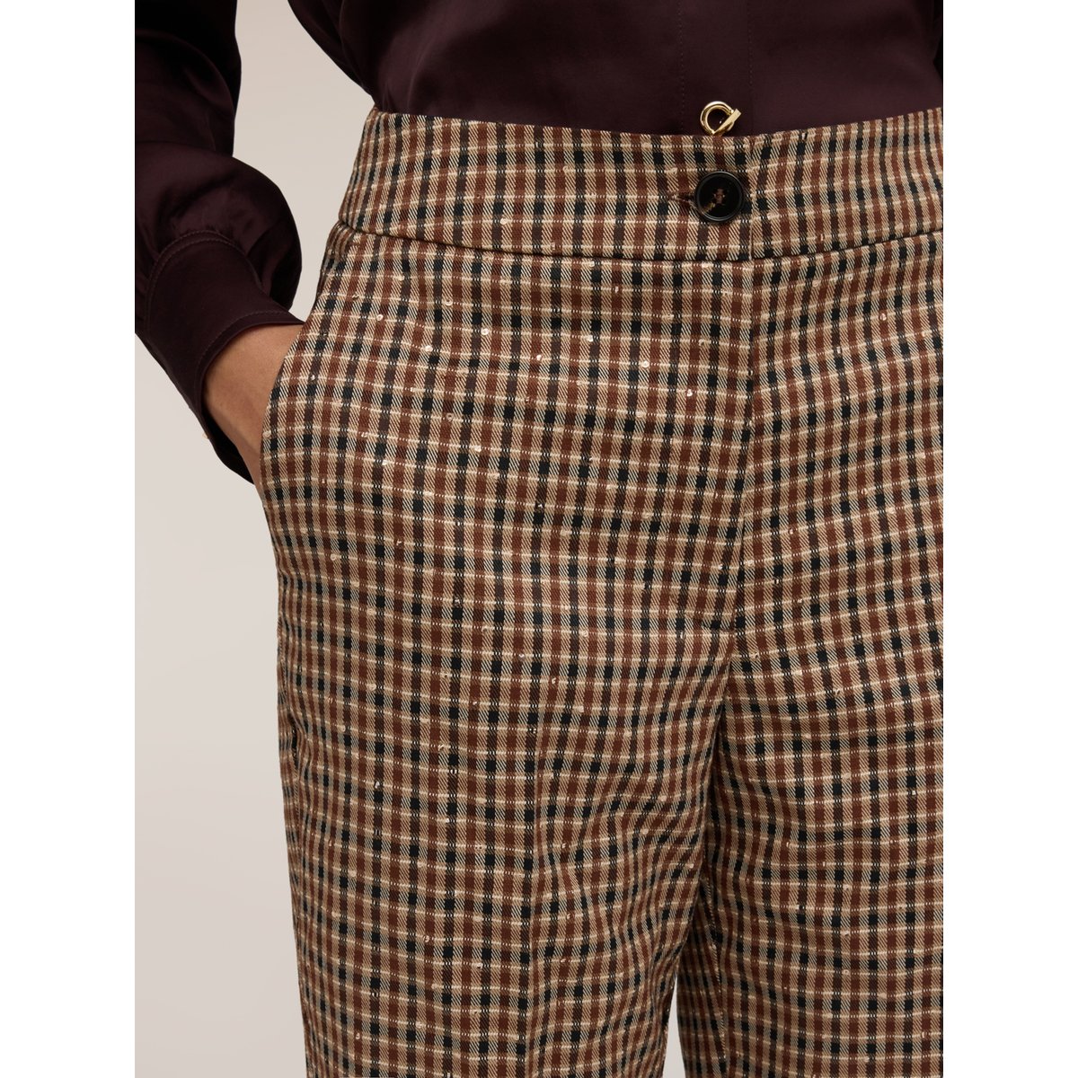 Pantalon court à motif à carreaux beige, MOTIVI