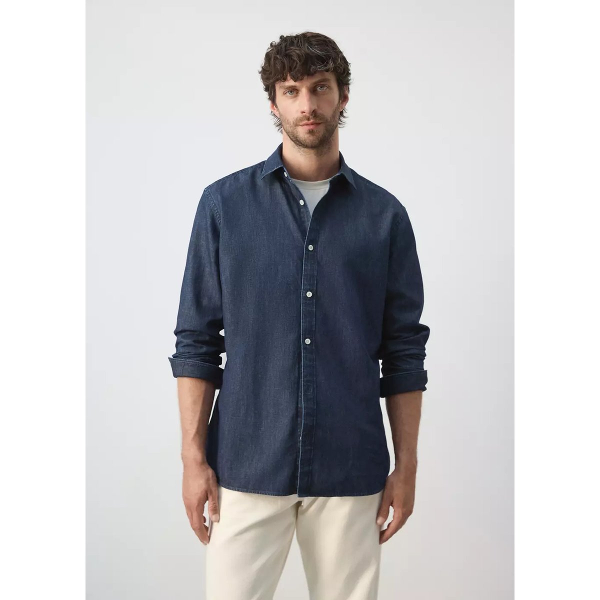 Chemise denim regular-fit coton et lin bleu foncé, MANGO MAN
