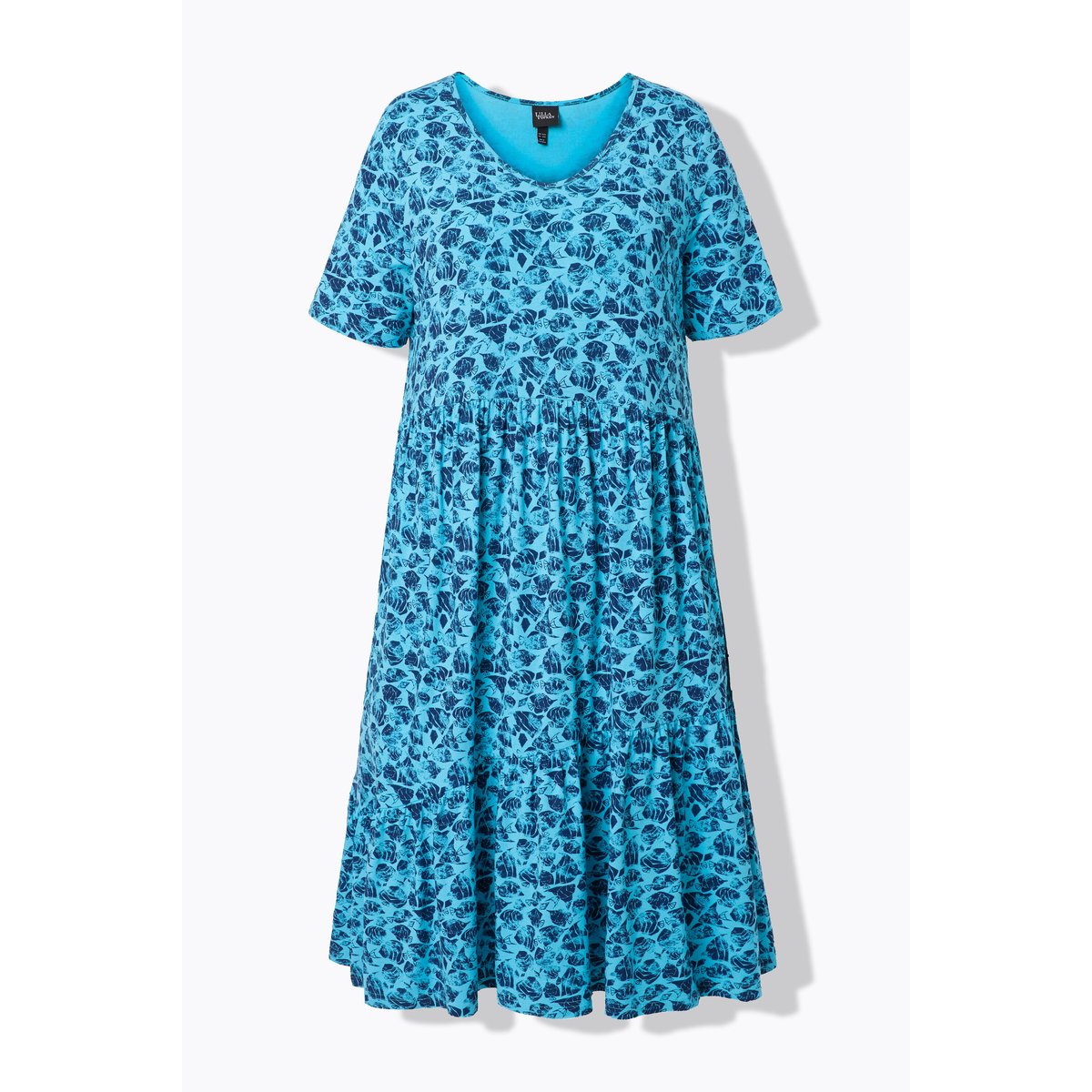 Robe en jersey. Coupe évasée avec volants. aqua foncé, ULLA POPKEN