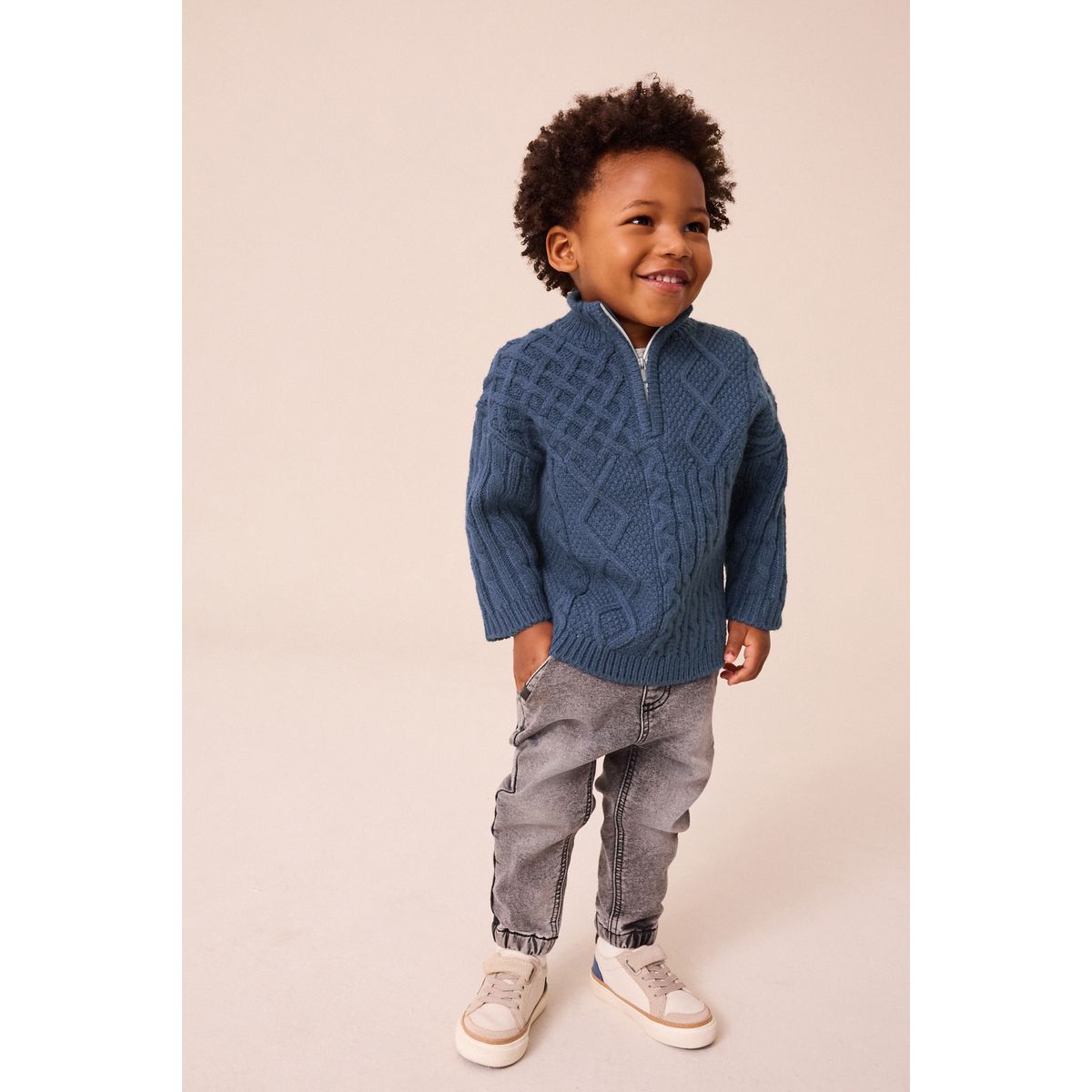 Pull à col zippé en maille torsadée bleu marine, NEXT