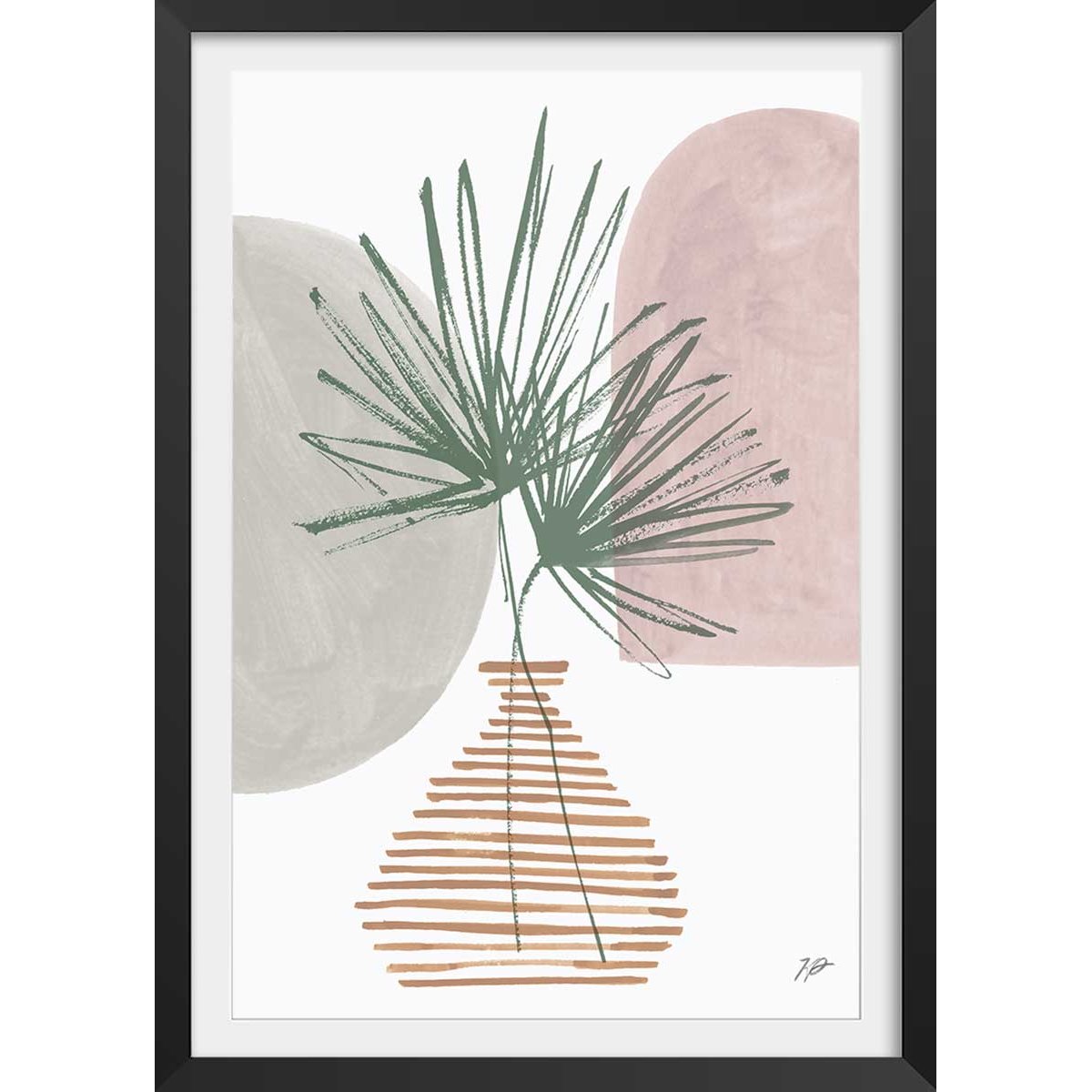 Affiche fleurs Feuille en éventail affiche + cadre en bois - noir, HEXOA